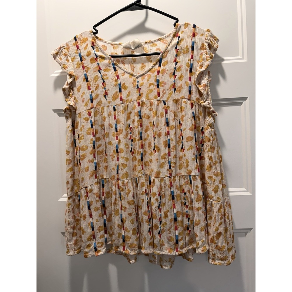 Savanna Jane Boho Leopard Women's M Embroidered Floral Ruffled Sleeveless Top